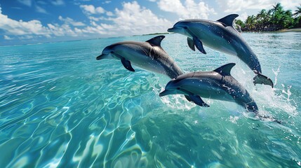 Obraz premium Three dolphins leap from the water in a turquoise ocean.