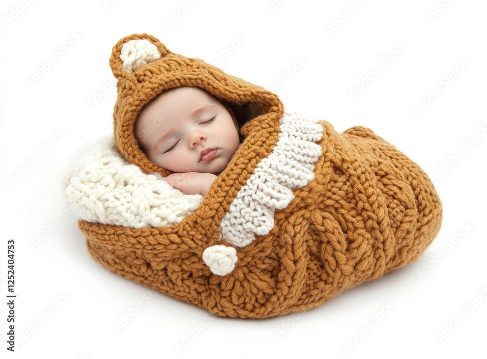 Canvas Prints Newborn baby sleeping in a knitted hood, isolated on a white background. This image provides ample copy space. It is a high-quality photo 