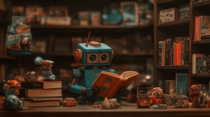 Vintage Robot Reading in Cozy Library Surrounded by Books and Decals