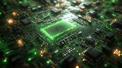 Obraz premium A futuristic PCB layout with a delicate green plant at its core under soft lighting