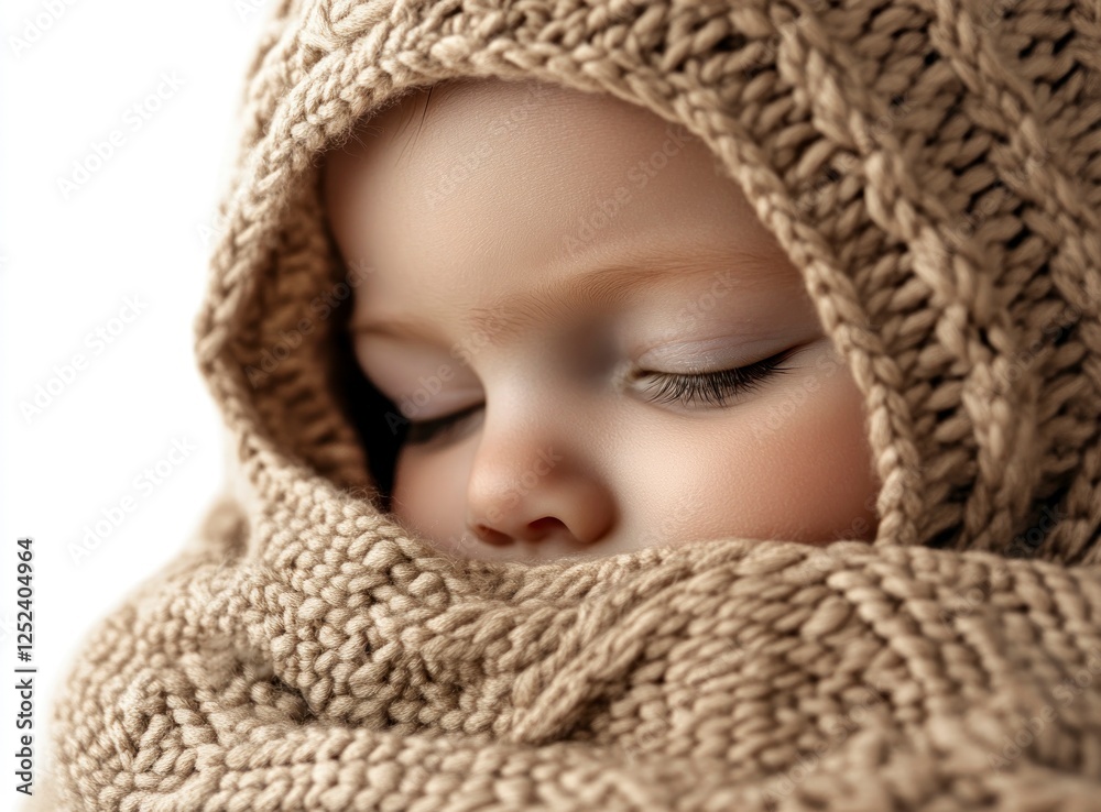 Canvas Prints Newborn baby sleeping in a knitted hood, isolated on a white background. This image provides ample copy space. It is a high-quality photo 