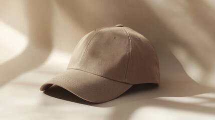 A flat lay cap mockup on a smooth, neutral background, slightly tilted to showcase the front panel and brim