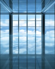 Modern glass office with sky view.