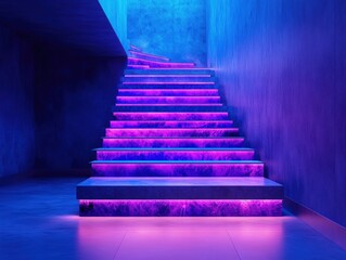 Fototapeta premium Neon-lit stairs, modern building, purple glow, ascent, interior design