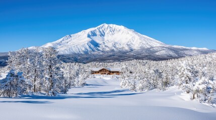 Fototapeta premium Snowy Mountain Resort with Wooden Chalet