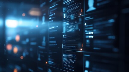 Fototapeta premium A futuristic digital interface displaying data streams and user information, illuminated by blue light, suggesting advanced technology and data processing.