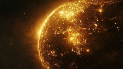 Glowing Earth with abstract network connections, symbolizing global connectivity and unity in a vast universe.