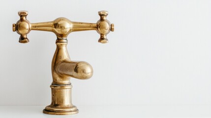 Antique brass faucet against white wall, plumbing detail