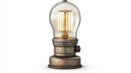 Rustic Edison bulb table lamp, illuminated, white background, home decor