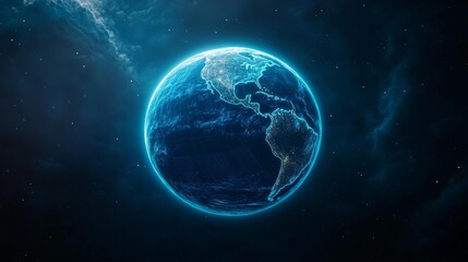 Fototapeta premium High-tech digital rendering of Earth glowing with neon blue lights in space isolated on dark background. Generative AI