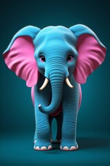 there is a blue elephant with pink tusks standing in a blue room