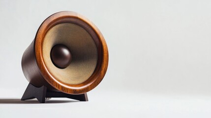 Wooden speaker on stand, white background, audio, music