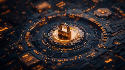 Digital Lock on Circuit Board with Glowing Elements and Technology
