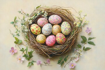 Decorated Easter eggs in bird nest, spring flowers, pastel background; holiday card