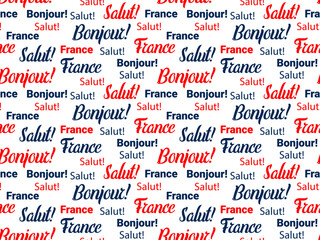 simple seamless pattern with French words: France, bonjour and salute for wrapping paper, background, cover © Olesia