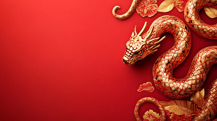 Golden Dragon Serpent Design on Red Background