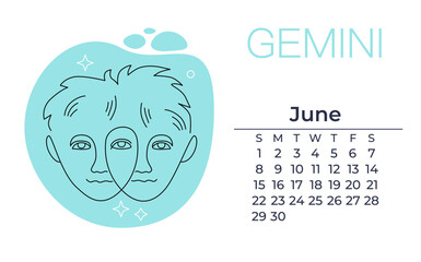 linear illustration of gemini, twins. minimalistic concept for astrology, zodiac, creative storytelling. elegant linear astrological symbol logo template with june calendar.