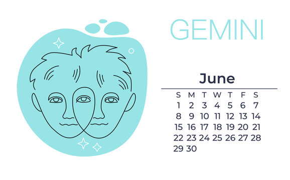 linear illustration of gemini, twins. minimalistic concept for astrology, zodiac, creative storytelling. elegant linear astrological symbol logo template with june calendar.
