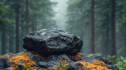 Dark rock atop mossy stones in misty forest