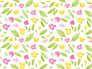 vibrant spring floral pattern features pink, yellow, and green flowers and leaves. Perfect for textiles, gift wrap, stationery, wallpapers, and seasonal branding.
