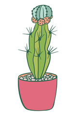 vibrant green cactus with coral accents in a pink pot, surrounded by pebbles. Perfect for stickers, decor, or gardening themes.