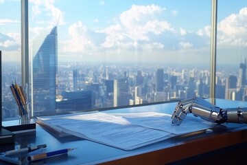 Robotic Hand Organizing Papers on Desk with Cityscape View