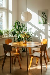Sunny breakfast nook with a round table, chairs, plants, and natural light