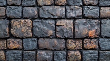 Dark, textured cobblestone pavement pattern, outdoor background