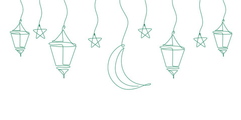 Simple line art banner wit hanging lanterns, stars and moon for Ramadan or Muslim holiday decoration
