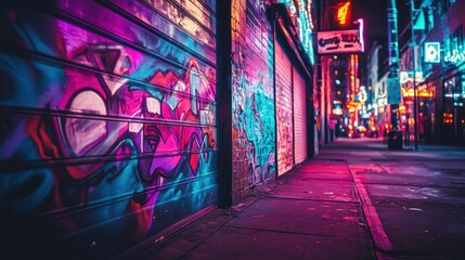 Obraz premium Neon-lit city street, graffiti art, nightlife, urban background; website banner