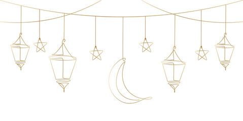 Simple line art banner wit hanging lanterns, stars and moon for Ramadan or Muslim holiday decoration
