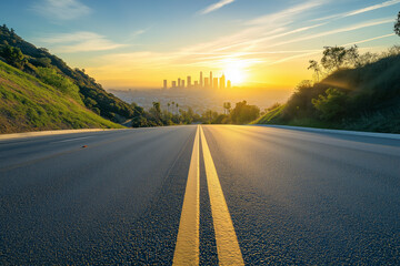 Empty Highway Leading to a City Skyline, A Scenic Travel Route Under the Sunset, Generative AI