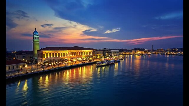 Stunning Venetian Canal View at Dusk with Vibrant Skyline and Glimmering Lights : Generative AI