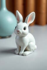 there is a small white rabbit sitting next to a vase
