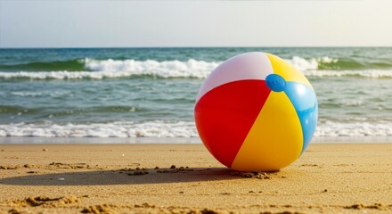 Obraz premium Beach Ball On Sandy Shore Near Ocean Waves