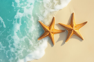 Two Starfish on a Beach, Scenic Travel Photography of Summer Vacation with Natural Beauty, Generative AI