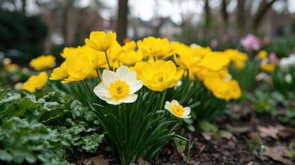 Obraz premium Yellow and white daffodils bloom in park