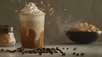 Oversized glass of coffee topped with thick cream, centered against a gray background with scattered coffee beans and an out-of-focus bowl of food items. 