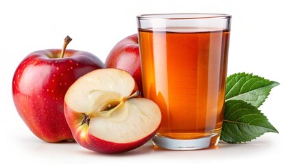 Slice of red apple and glass of apple juice isolated on transparent background
