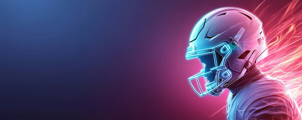 Obraz premium A futuristic football player wearing a helmet, illuminated by neon lights, highlighted against a gradient background.