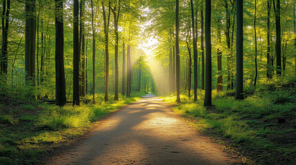 Fototapeta premium Tranquil Forest Glow with Soft Sunlight and Warm Tones, Perfect for Text Placement