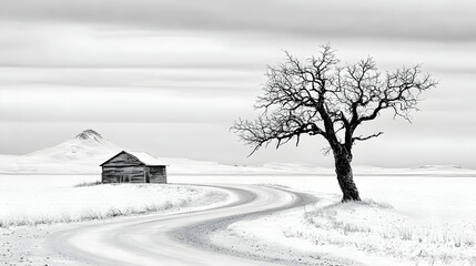 Obraz premium Winter landscape winding road, cabin, bare tree, hill