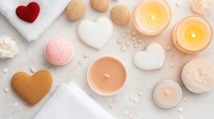 Obraz premium Relaxing Spa Setup with Candles, Bath Bombs, and Heart-Shaped Soaps on Elegant Marble Background