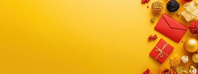 Festive Yellow Background with Gifts, Decor, and Holiday Elements for Seasonal Celebrations and Events