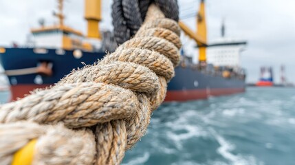 Fototapeta premium Thick braided marine rope in sharp focus with a large cargo vessel floating on the sea in the blurred background.