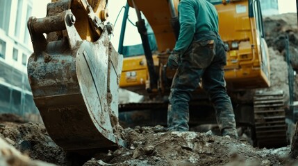 A close-up of a construction worker operating heavy machinery to excavate soil for a road construction project, Road construction scene, Earthmoving operation style