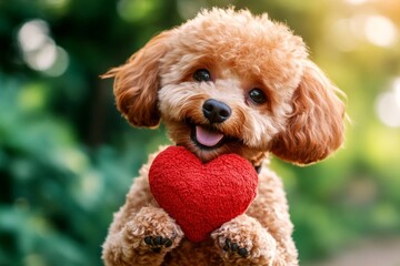 Cute poodle dog with furry friend toy red heart on a walk in a spring garden. Ad campaign furry friend design idea. Poodle - my beloved dog, symbol of friendship. Valentine's puppy magic.