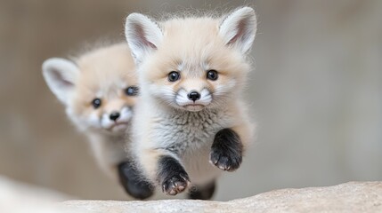 Two adorable baby foxes in mid-leap, soft natural light, zoo environment, wildlife photography, perfect for children's book illustrations
