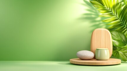 Minimalistic green aesthetic with stones and plant elements on a bamboo surface soft lighting effect. Generative AI