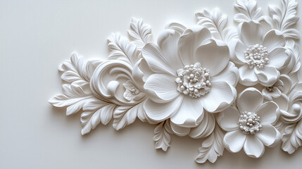 Delicate white floral relief sculpture, showcasing intricate details and textures, ideal for modern decor. white floral plaster rosettes, interior design elements and decorations.